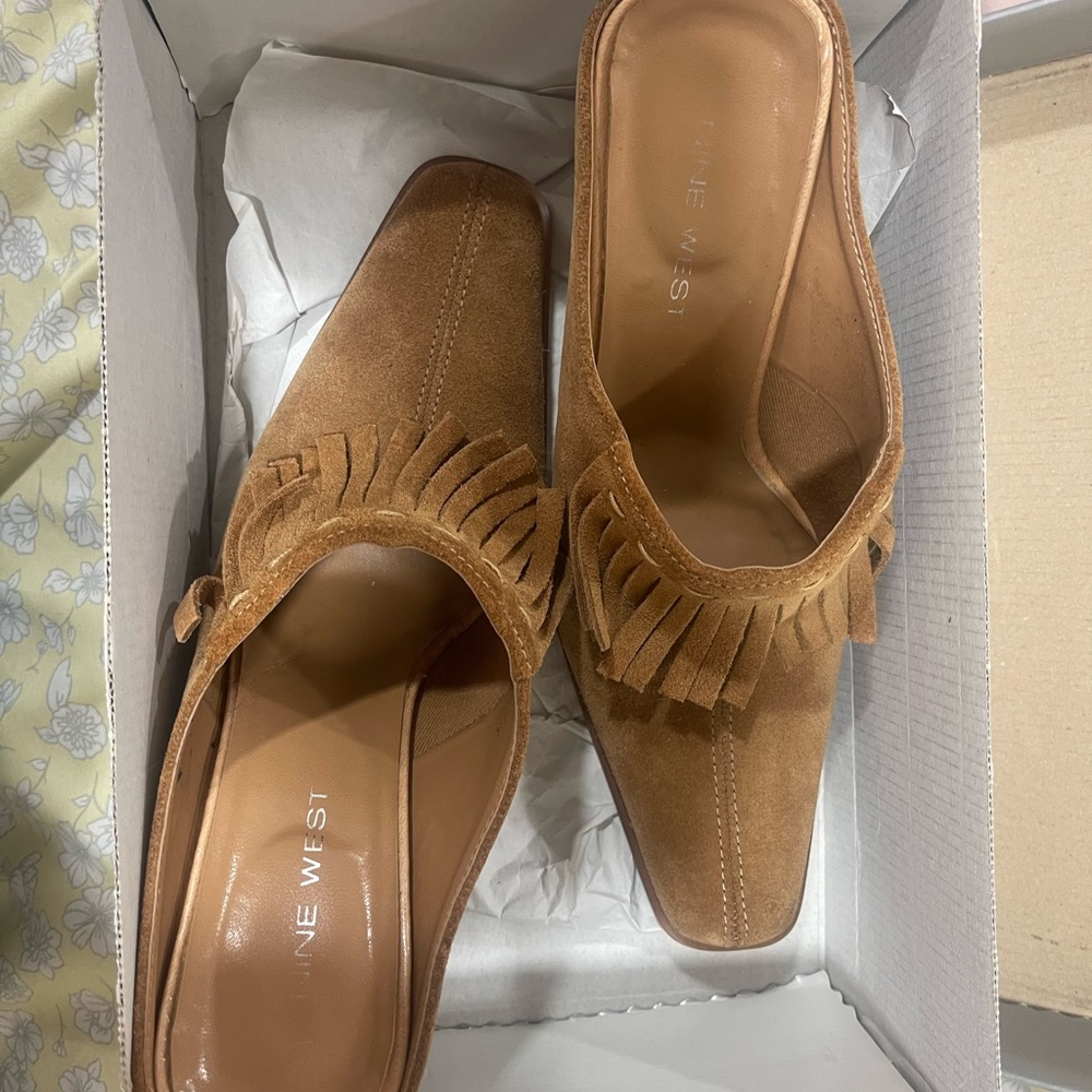 Nine West Brown Suede Fringe Mules